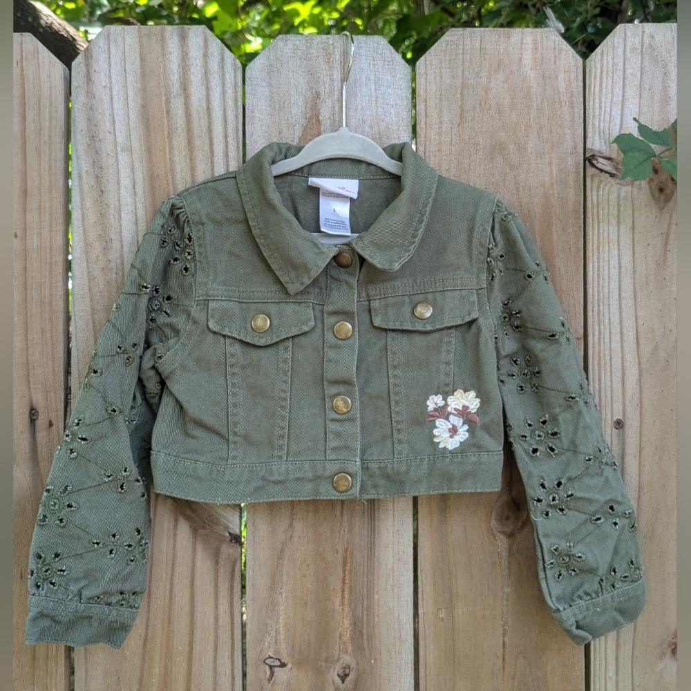 Little Lass Girls Olive Green Denim Jacket Floral Eyelet Sleeve Detail